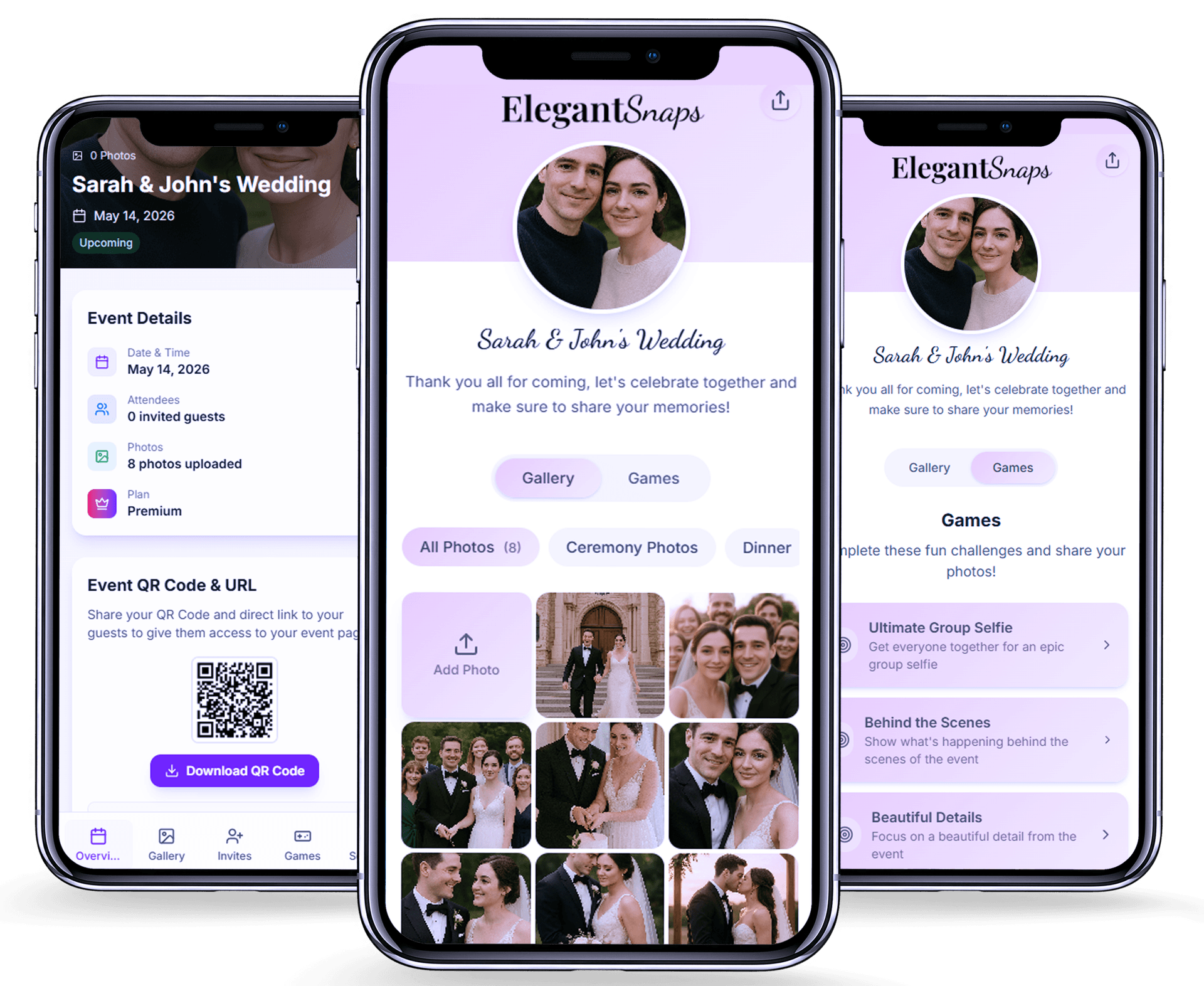 ElegantSnaps mobile app interface showing event photo galleries